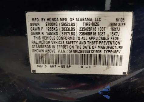 2005 Honda Odyssey Ex-L z USA, uszkodzony, nr VIN 5FNRL38755B121908